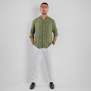 Band Collar Shirt - Olive Green