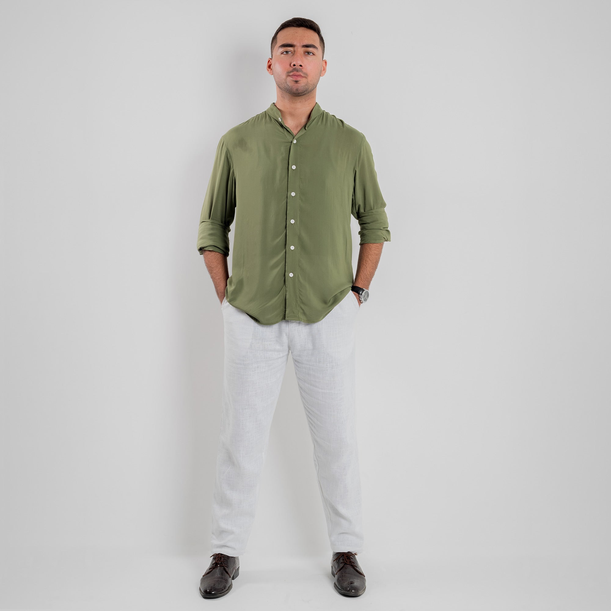 Band Collar Shirt - Olive Green