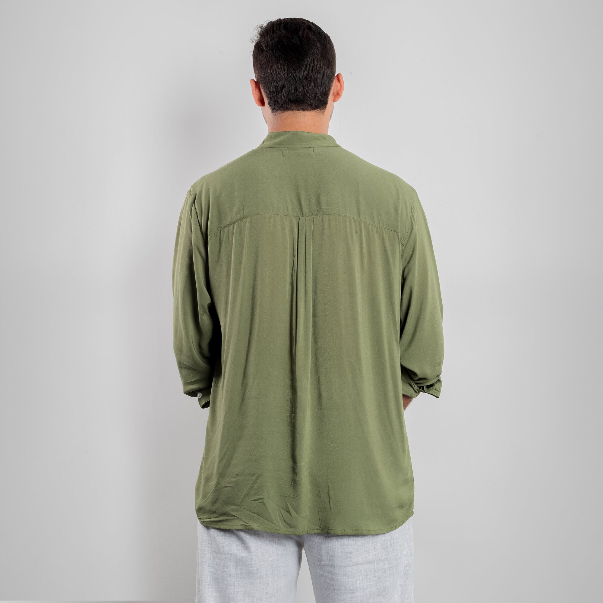 Band Collar Shirt - Olive Green