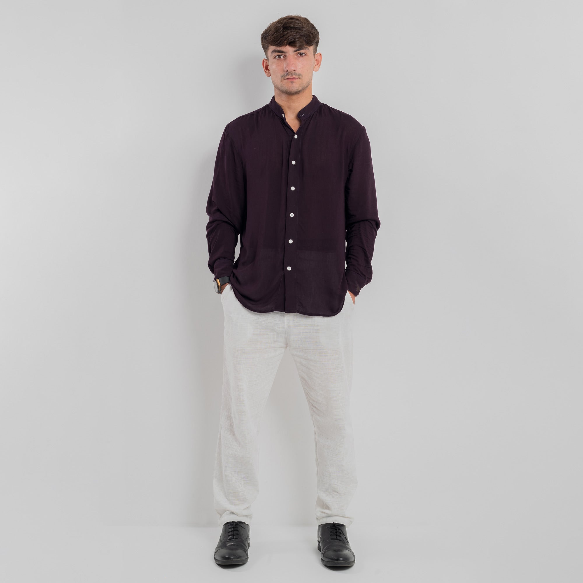 Band Collar Shirt - Blackcurrant